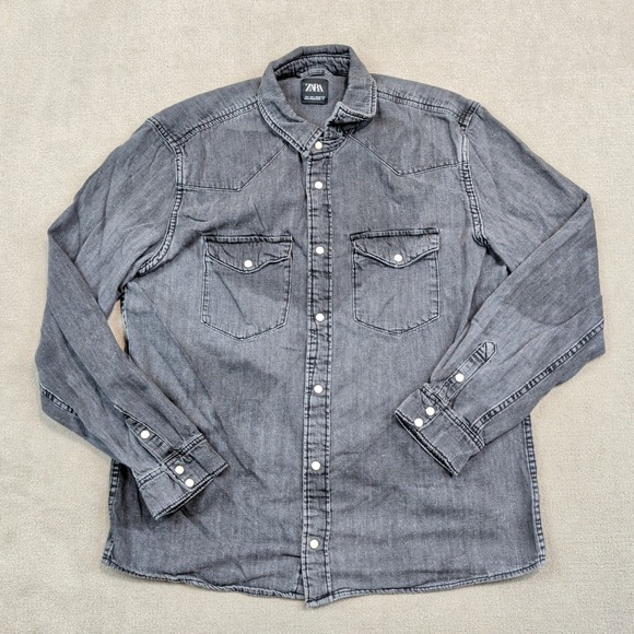Zara Western Denim Shirt Large Black Cotton Pearl Snap Button Down Utility Top — photo 2